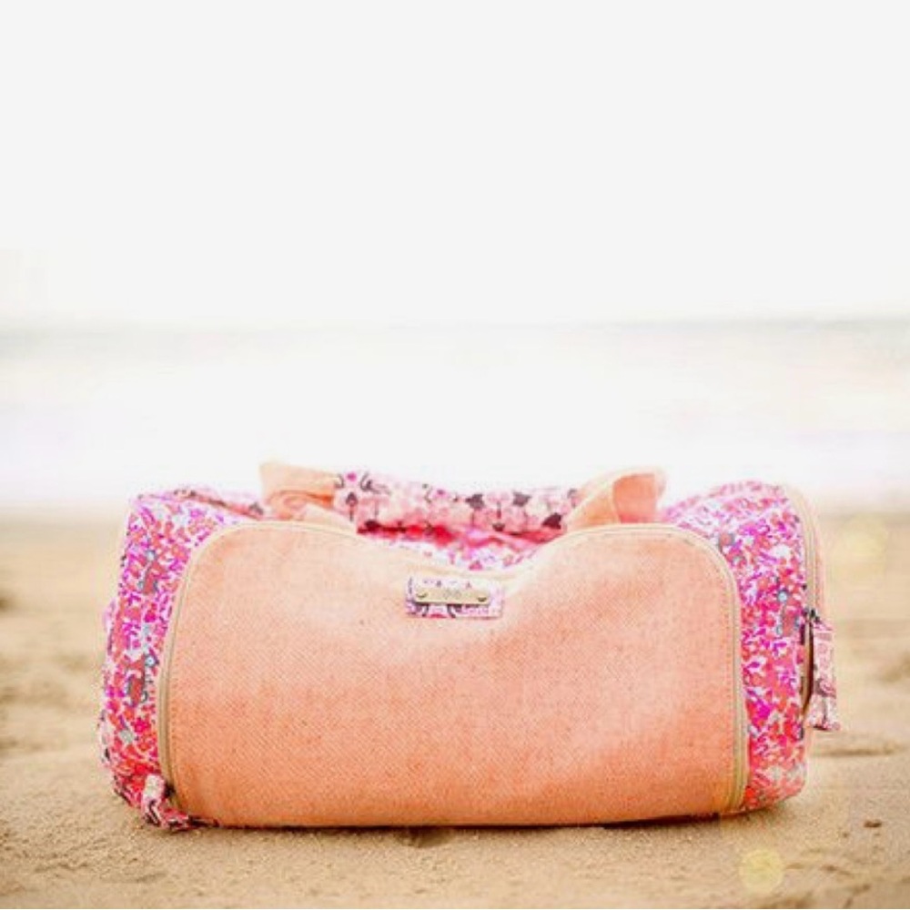 Maaji x Tone It Up Pink and Orange Floral Flamingo Large Gym Duffle Bag